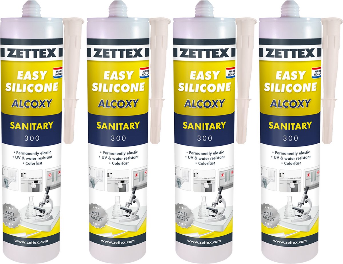 Zettex Easy Siliconenkit S - Sanitairkit voor Badkamer & Keuken - Schimmelbestendig & Elastisch - 310ml - RAL 9001 - 4-PACK