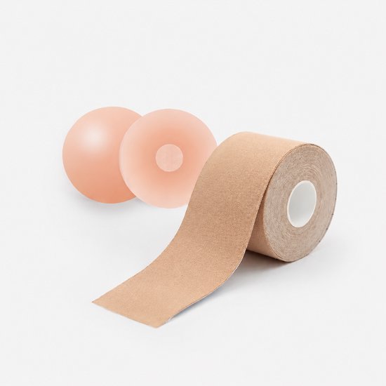 Boob Tape met 2 Tepelcovers - 5 Meter Boobtape - nude - Plak BH (5,0 cm breed) - Strapless Plak BH Alternatief - BH accessoires