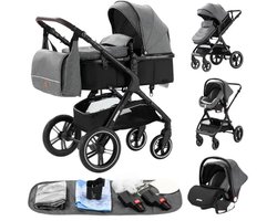 Luxe 3-in-1 Kinderwagen met Autostoel en Reiswieg – Opvouwbaar – Verstelbare Rugleuning Zwart