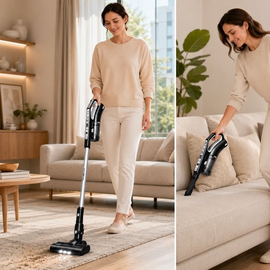 Vrouw in beige trui en witte broek stofzuigt een woonkamer met een zwarte en zilveren steelstofzuiger.