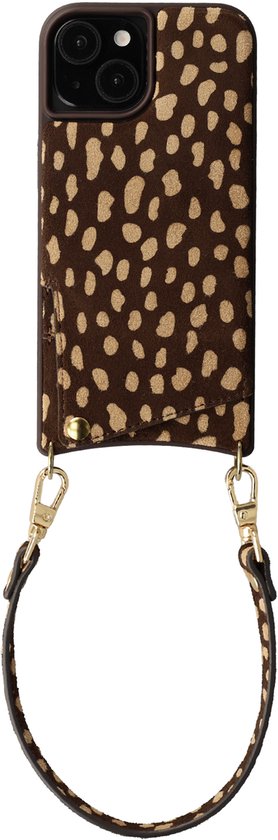 Étui de téléphone marron avec imprimé léopard beige et sangle marron détachable.