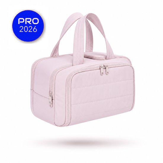 Trousse de toilette rose pâle matelassée, avec double fermeture éclair et poignées.