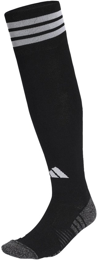 Zwarte kniehoge sportsok van adidas met witte strepen aan de boord en een logo.