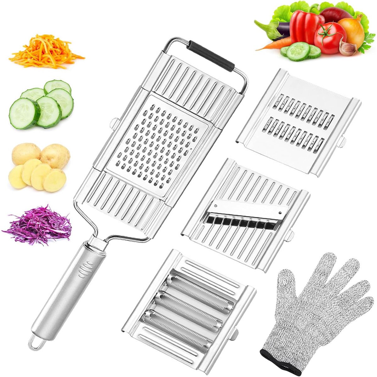 Groentesnijder met Verwisselbare Messen - Rasp en Mandoline - Multifunctionele Juliennesnijder - RVS Keukenrasp - 4-delige Set met Handschoen