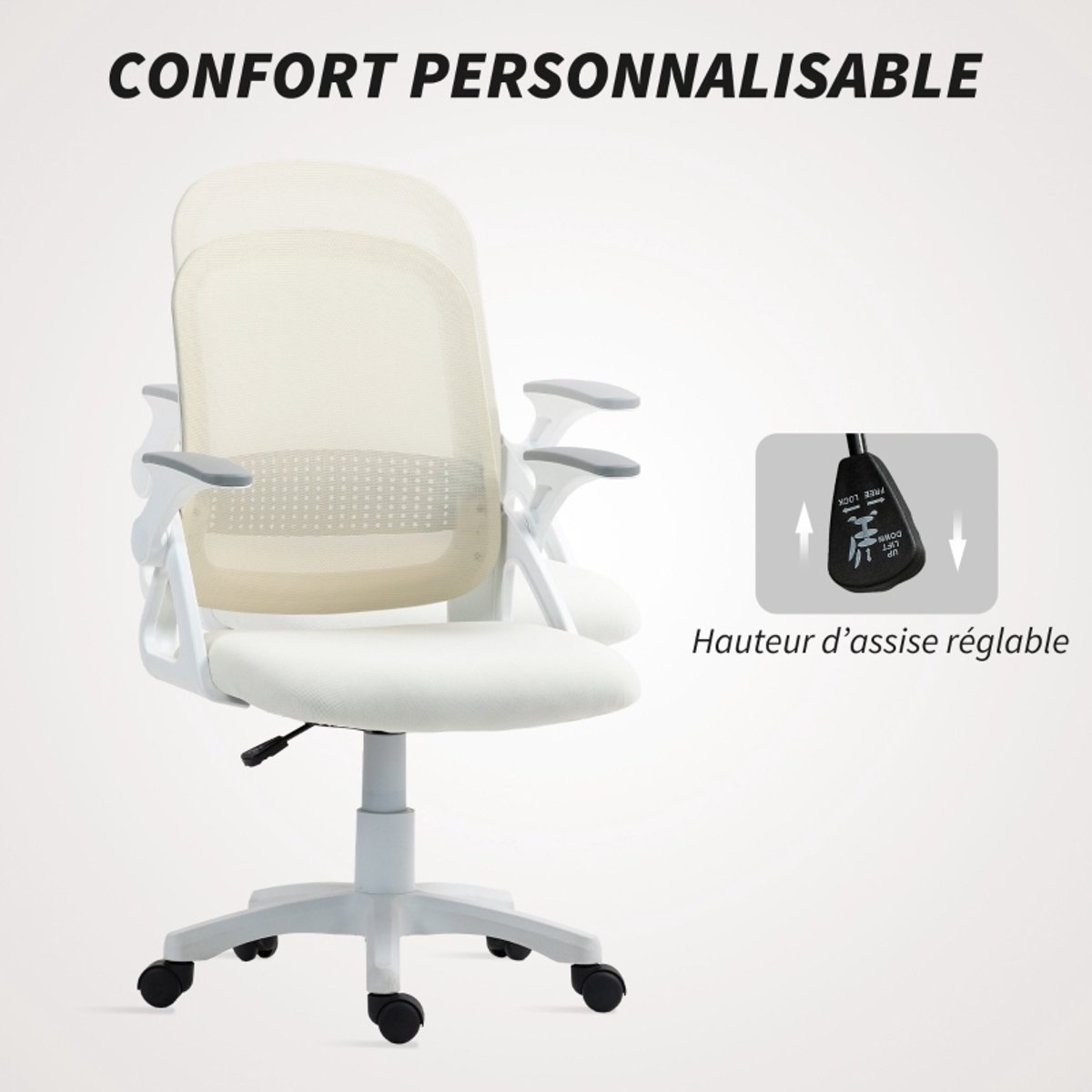 Ergonomische-Bureaustoel-Mesh-Verstelbare-Hoogte-Opklapbare-Armleuningen-360°-Draaistoel-Ademende-Office-Chair-Wit-Comfortabele-Thuiswerk-Stoel – foto 8
