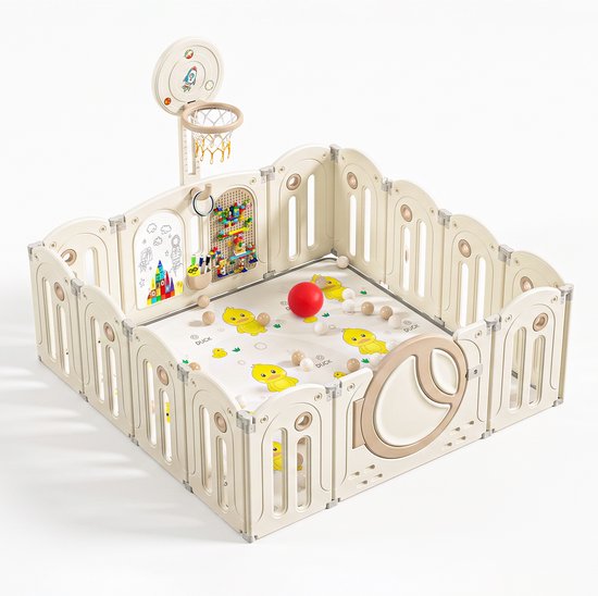 Tiflie™ Star & Moon speelbox met 8 activiteiten – basketbalring, tekenbord, blokkenplaat, speelmat & 100 ballen – inklapbaar, 6 mnd–4 jaar, 120×120 t/m 160×160 cm