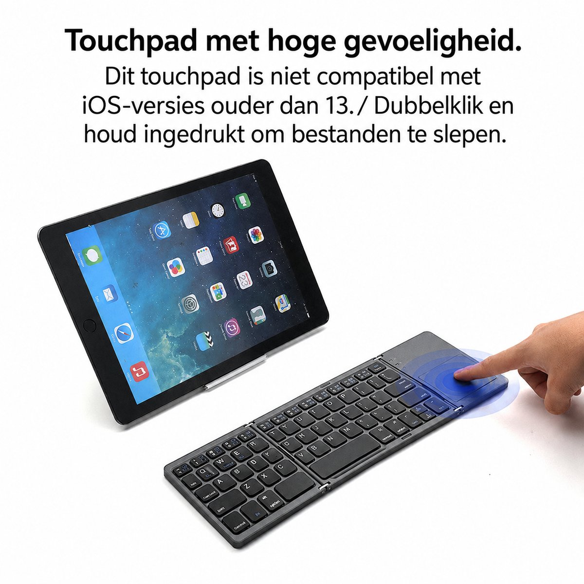 Toetsenbord-Draadloos Opvouwbaar / Inklapbaar Toetsenbord met Touchpad - Bluetooth Keyboard - Voor Tablet / (Windows) PC / Apple Mac - iPad - Samsung - iPhone - Macbook - iMac / Android - QWERTY - Opvouwbaar - Zwart thumbnail 7
