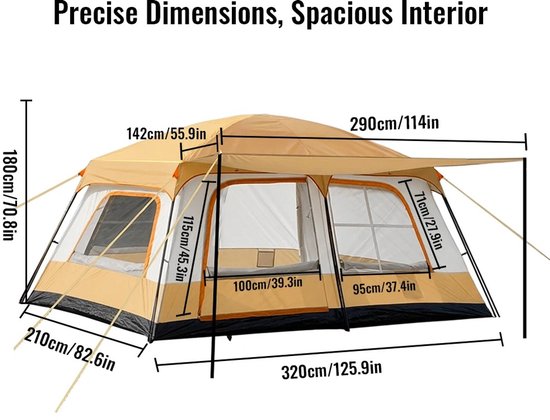 Velmio Familie Glampingtent - Khaki - Tunnel tent - 4-6 Personen - UV bescherming - Zonbescherming - Oxford Materiaal - 2 Slaapkamers + Woonruimte - Muggengaas - Waterafstotend - voor Kamperen en Glamping - Camping - Festival - Beige — afbeelding 3