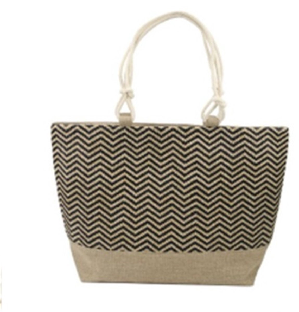 XL Strandtas Dames – Grote Shopper Tas met Zwart-Beige Zigzag Patroon – Ruime Beach Bag voor Strand, Vakantie & Dagje Uit