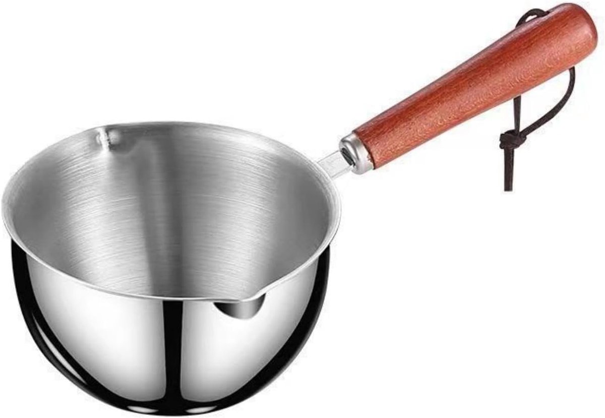 Mini roestvrijstalen pannetje 300 ml - Klein kookpannetje geschikt voor gas- en inductiekookplaten - Dubbele schenktuit voor het gemakkelijk schenken van olie en sauzen - Hittebestendig handvat - Afmetingen 8 x 8.5 x 9 cm