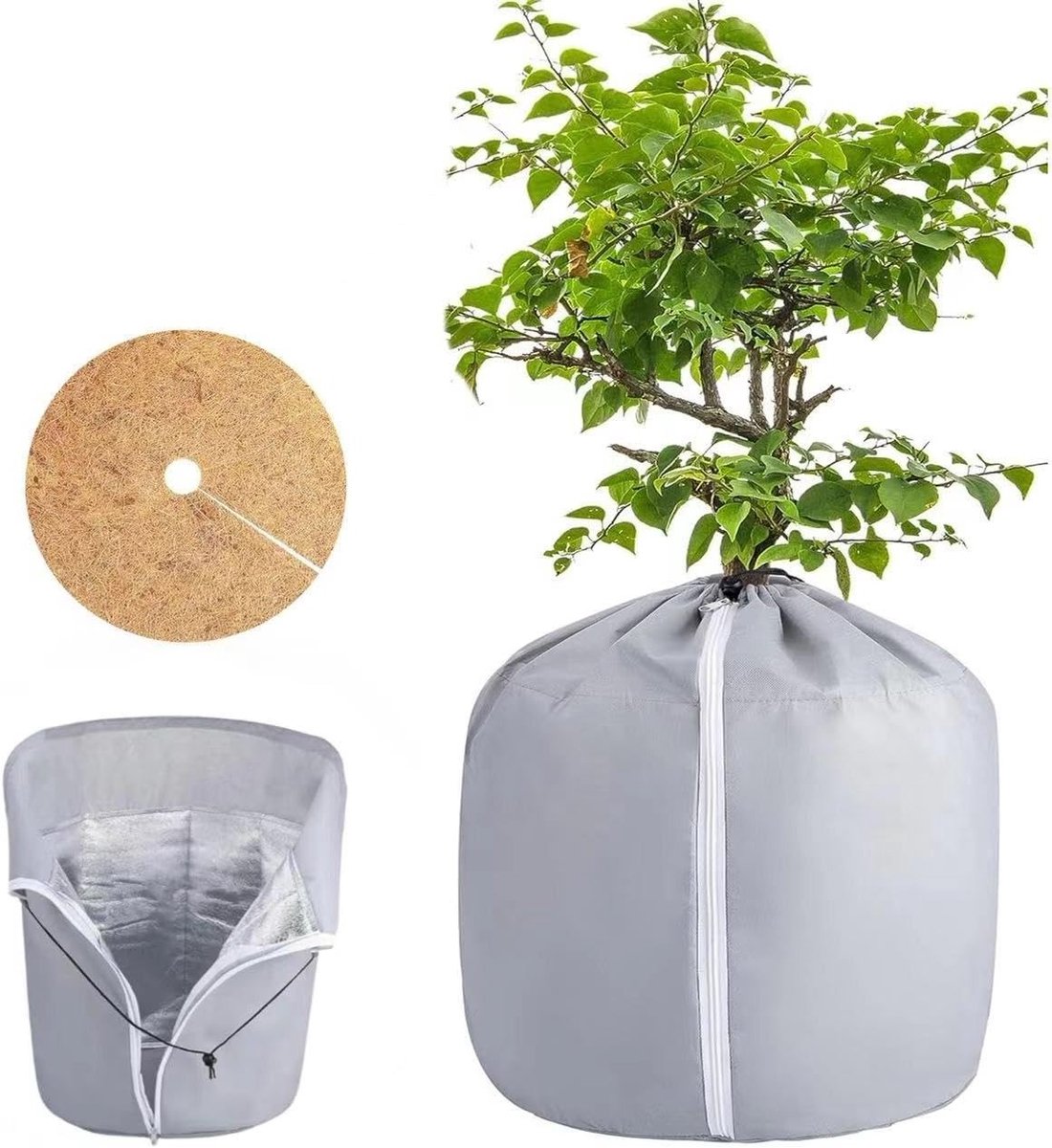 Thermische Beschermtas voor Potplanten 50 x 45 cm met Kokosvilt Schijf 43 cm - Winterbescherming voor Bloempotten met Trekkoord en Rits