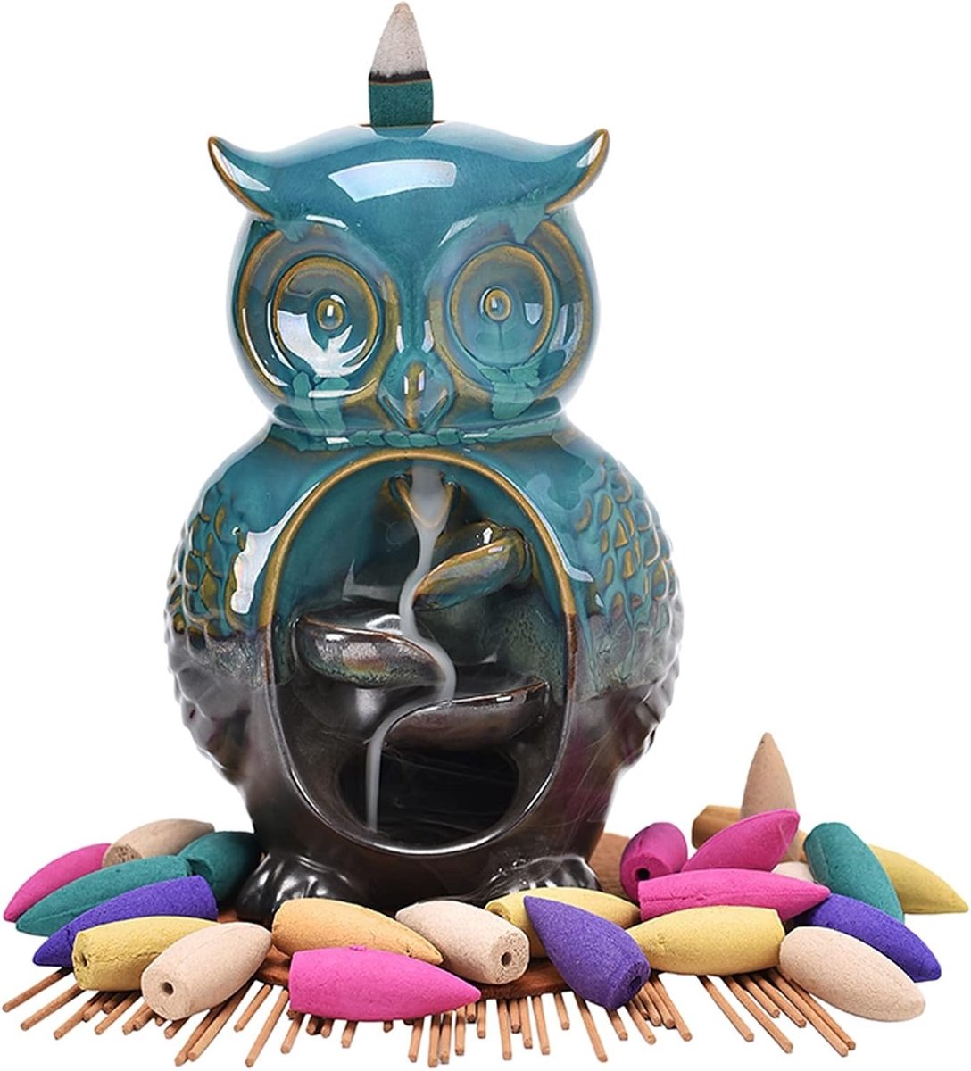 Schattige keramische uil backflow wierookhouder voor thuisdecoratie, inclusief 20 kegels, 30 stokken en accessoires