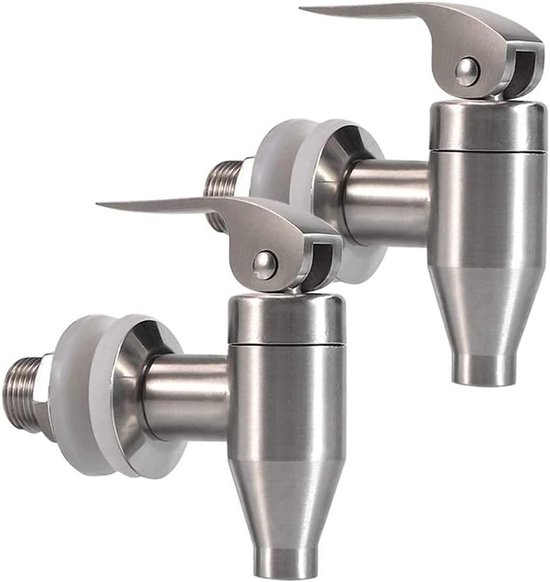 Set van twee zilverkleurige roestvrijstalen kranen voor drankdispensers.
