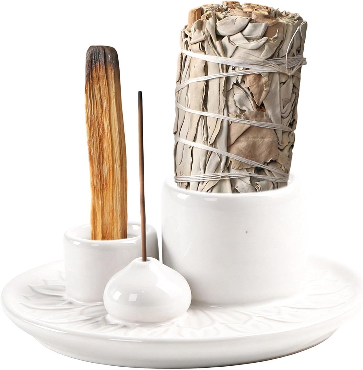 Witte keramische wierookschaal met lotuspatroon voor meditatie, yoga en ontspanning