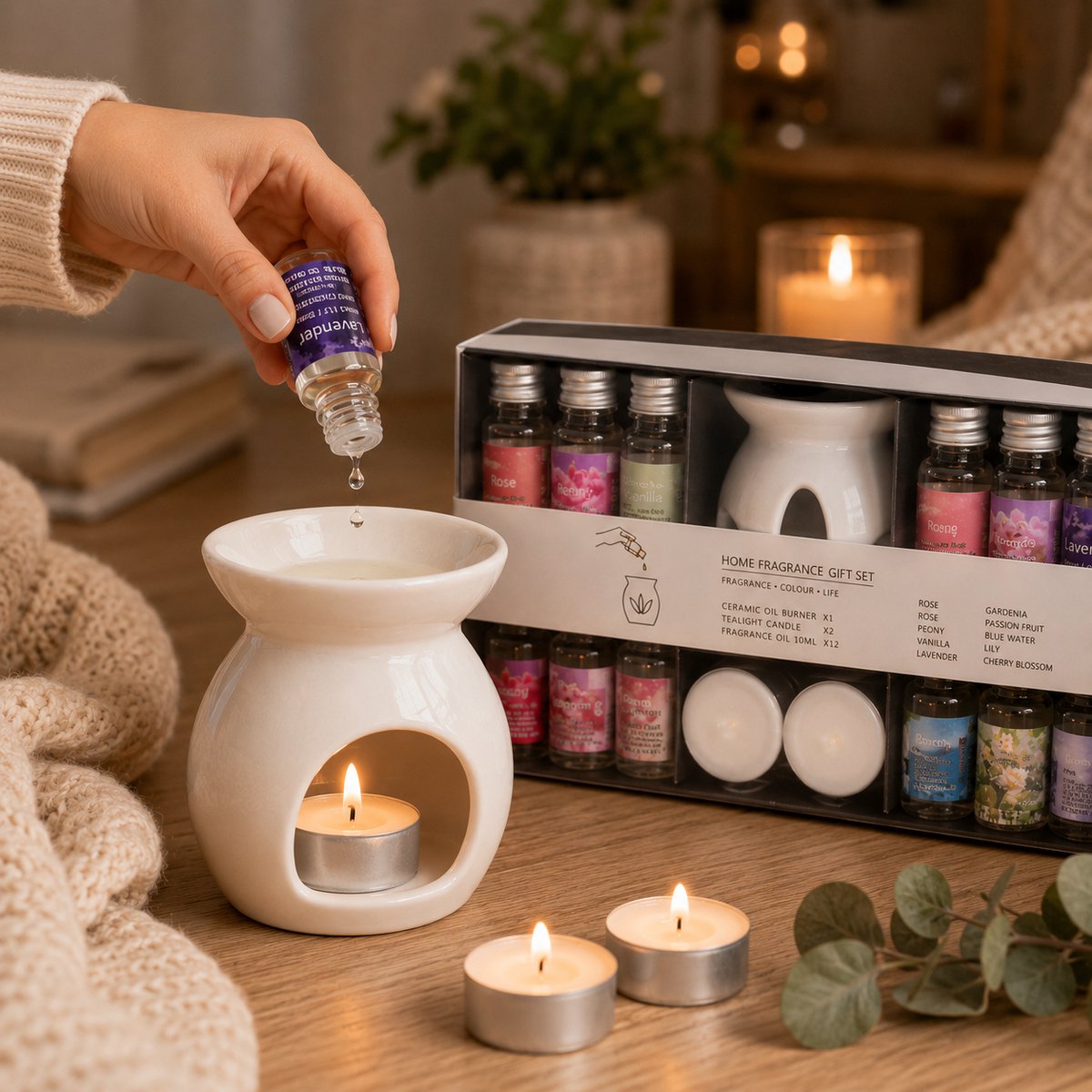 EasyMart Geurbrander Set - Keramische Aromabrander & Oliebrander met 12 Geuroliën en 2 Waxinelichtjes - Huisparfum Cadeauset - Kerstcadeau — cadeau in Wonen & Interieur - foto 4