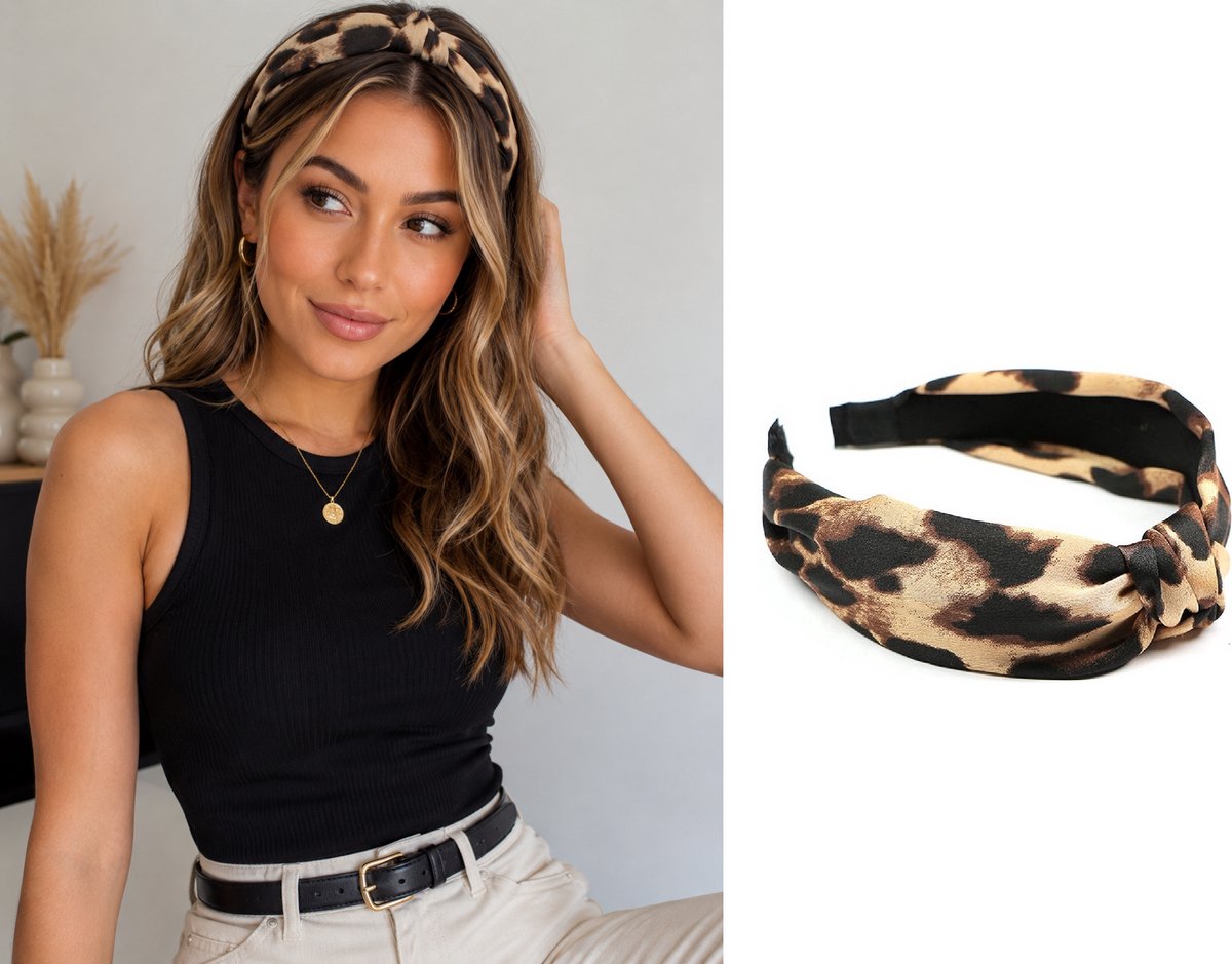 Haarband Dames Luipaardprint Zwart – Haarband met Knoop – Brede Stretch Haarband – Leopard Headband