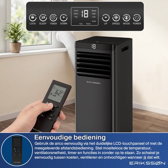 Zwarte mobiele airco met display en afstandsbediening in gebruik. Boven het apparaat een touchscreen-overlay met functies: lock, sleep, timer, fan, koelen, slapen, up, speed, mode, power.