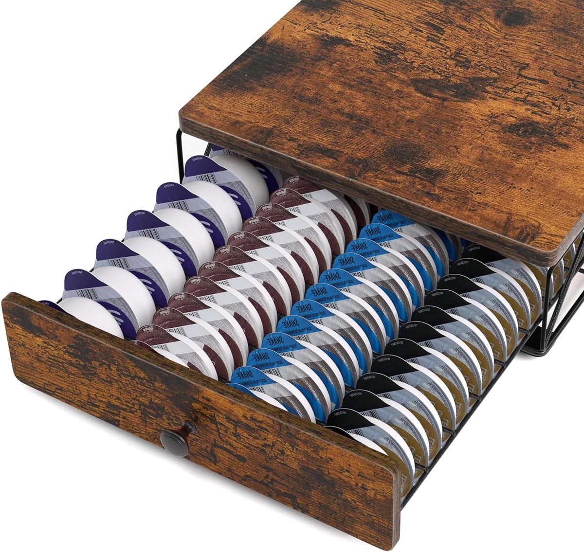 Koffiepadhouder - Pad Station - Koffie Organiseren - Vintage Houtnerf Top - 64 Capsules - Vintage Bruin