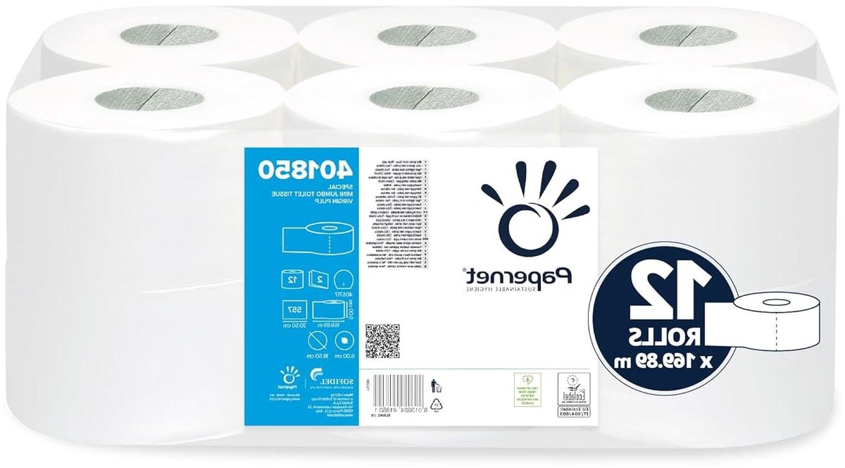 Toiletpapier Rollen - Mini Jumbo - Hygiënisch Werken - Pure Cellulose - 12 Stuks - Wit