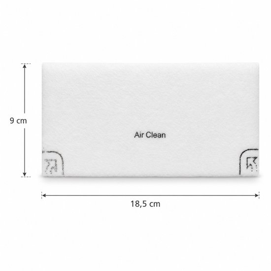 Wit, rechthoekig filter van 18,5 x 9 cm met 'Air Clean' opdruk en grijze hoekmarkeringen.