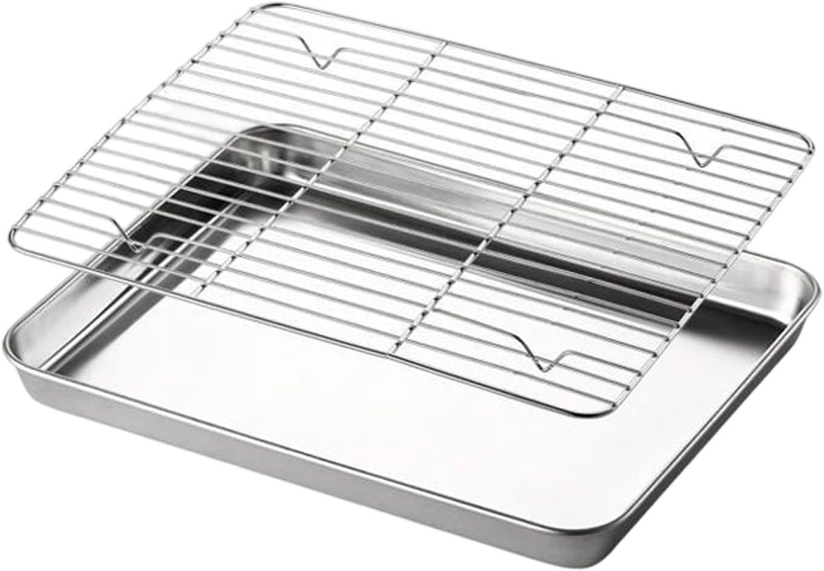 Bakplaat met rek - Bakblik Grillrooster - Buiten koken - Roestvrij staal anti-aanbak - 23x17 cm