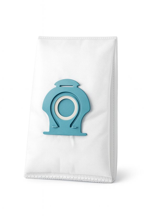 Witte stofzuigerzak met een blauw, rond bevestigingsmechanisme.