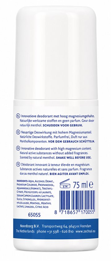 Zechsal Magnesium Deodorant 75 ml. Dermatologisch getest. Met menthol.