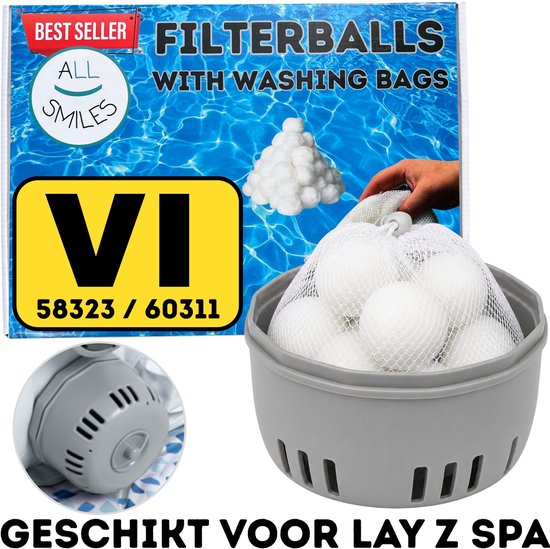 Filterbollen met waszakken, geschikt voor Lay Z Spa, met een grijze filterbak en een close-up van een filterdeel.