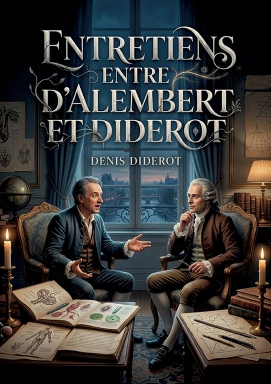Deux hommes en habits du XVIIIe siècle sont assis dans des fauteuils, conversant près d'une fenêtre donnant sur une ville. Deux livres ouverts avec des dessins anatomiques sont sur la table.
