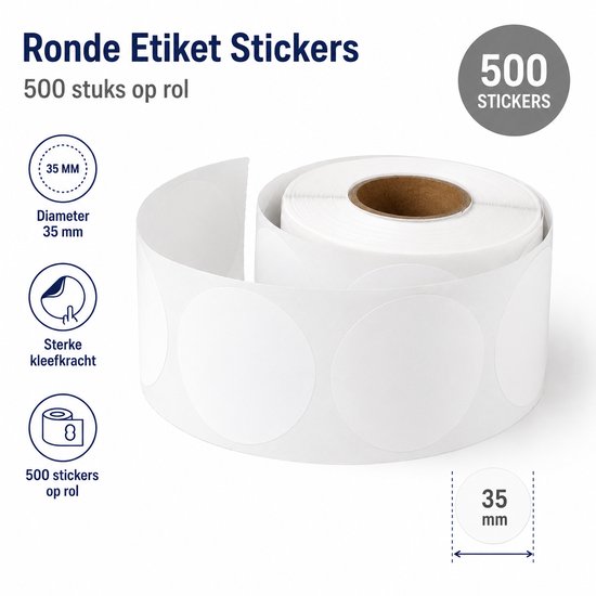 Rouleau de 500 étiquettes rondes blanches de 35 mm. Diamètre 35 mm.