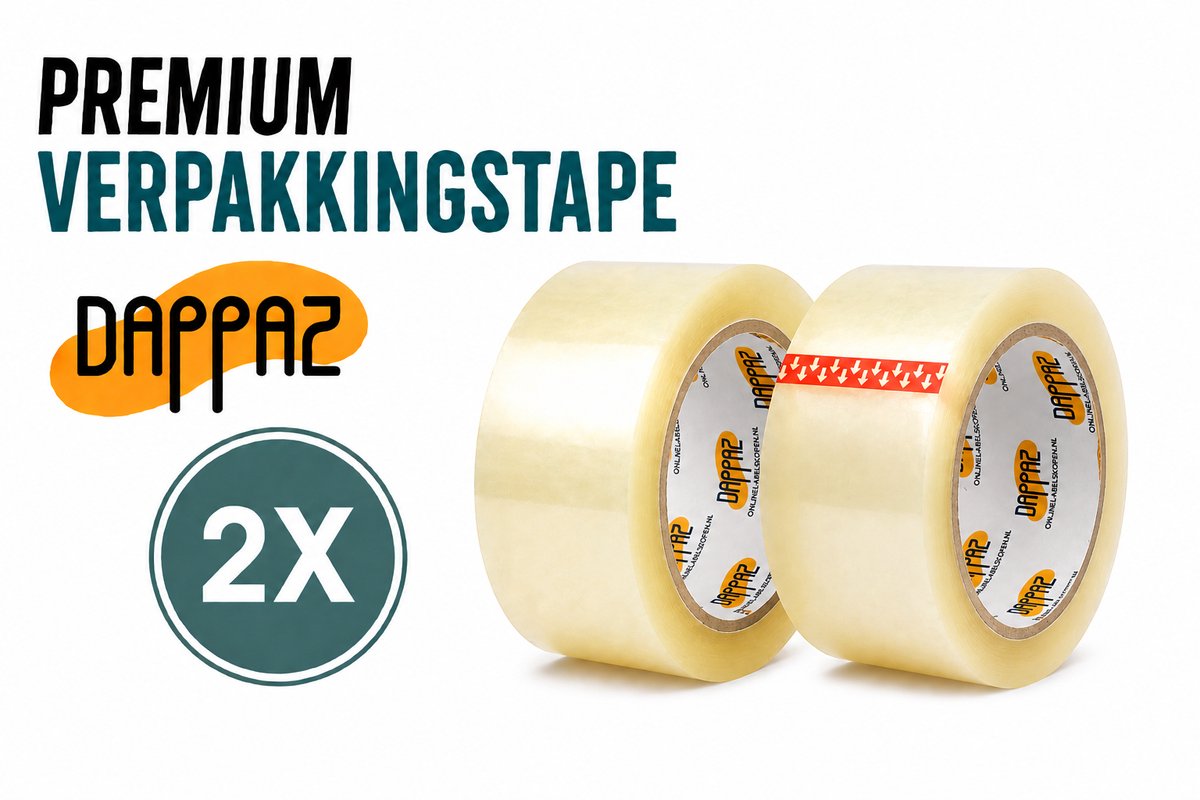Verpakkingstape Transparant - 2 Rollen Dozentape Extra Sterk Hoge Kleefkracht OPP Plakband - Dikte 65 µm 66m x 50mm - Dappaz