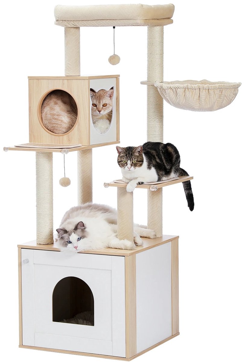 Geargalaxy Krabmeubel met Kattenbak Behuizing - Krabpaal - Krabmeubel - Klimtoren voor Katten - Kattenboom - 53x50x144 - Beige/Wit