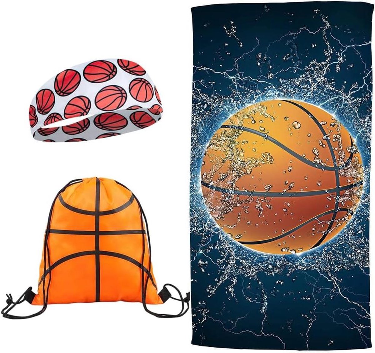 Basketbal Handdoek - Strandlaken Set - Sport en Strand - Inclusief Haarband Tas - 160 x 80 cm - Zwart