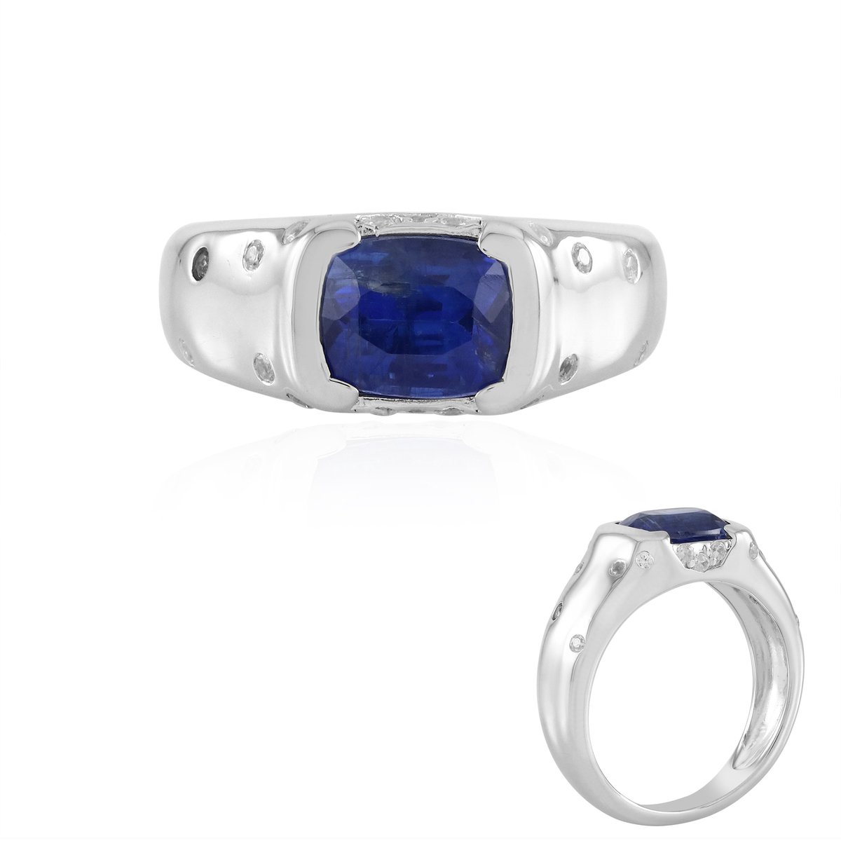 Cavill - 925 Sterling Zilveren Ring met 2,3ct Nepal Kyaniet - Platina Gecoat - Antieke Slijpvorm - Zirkonia Accent - Bezel Gezet