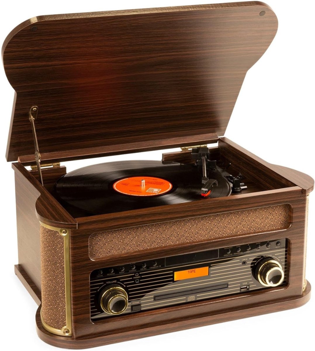 Zyrex® Platenspeler met Cd Speler - Platenspeler Retro - Cd Speler met DAB+ en FM - Inclusief Bluetooth - Donkerbruin - 56cm x 43cm x 31cm