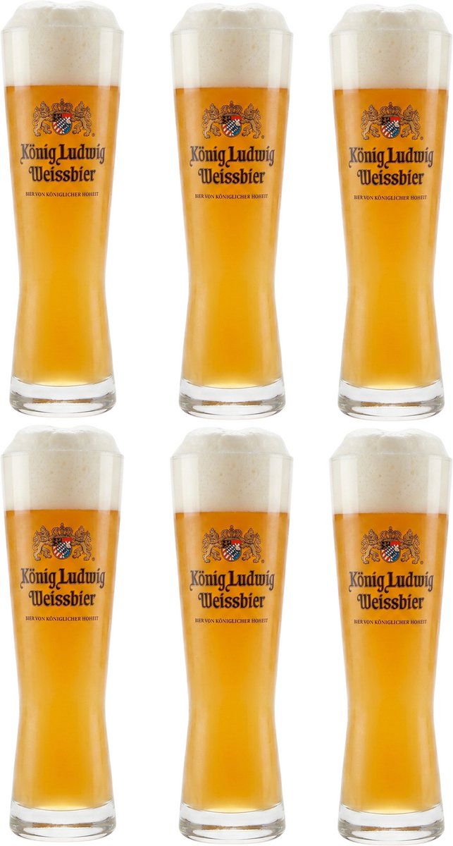 Konig Ludwig Bierglazen Weizen - Set van 6 glazen 500 ml - Ideaal voor bier en koude dranken - Helder glas voor optimale drinkervaring - Vaatwasserbestendig - Glas - Hoogte 250 mm - Glaswerk - Bierglazen