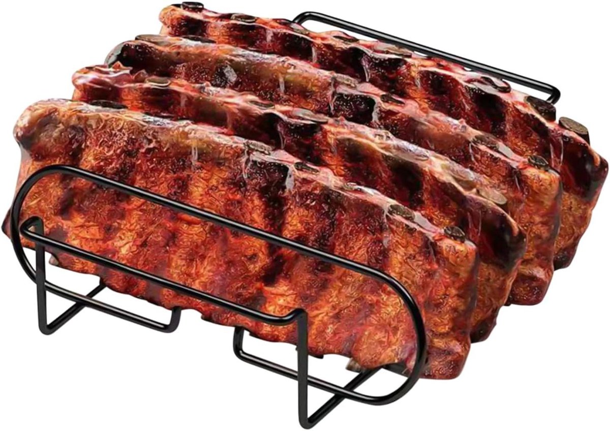 Grillrek - Vleeshouder - Ribben Grillen - Ruimtebesparend Ontwerp - 8 x 27 x 8 cm - Zwart