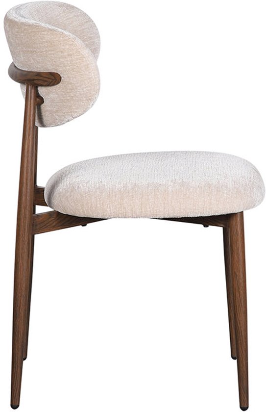 Vue latérale d'une chaise beige avec un dossier torsadé et des pieds en bois.