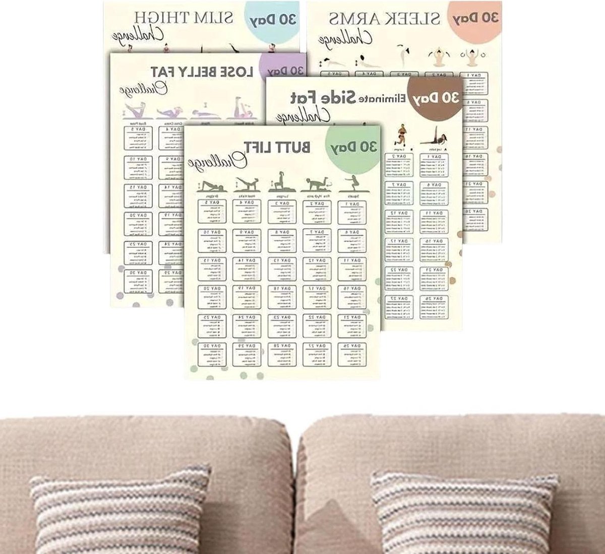 Workout Posters - Fitness Plan - Thuis Trainen - 30 Dagen Programma - 5 Stuks - Meerdere Kleuren