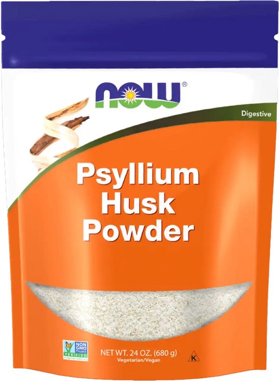 Oranje zak met NOW Psyllium Husk Powder, 680g. Bevat vezels en NON GMO Project Verified.