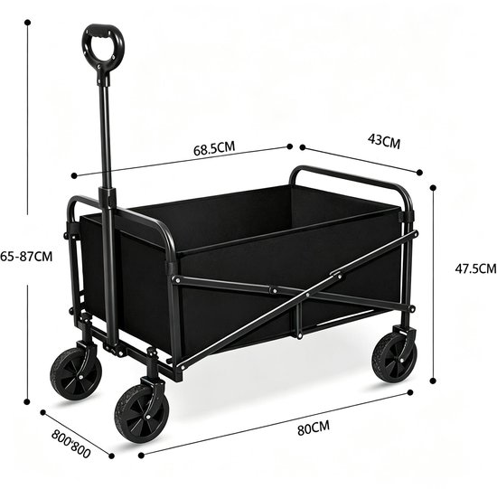 Stevige opvouwbare handkar 80x43x65 cm draagvermogen 125kg multifunctionele opvouwbare trolley met verstelbare handgreep en afneembare waterdichte hoes draagbare opvouwbare trolley geschikt voor boodschappen strand kamperen Zwart van Merkloos — afbeelding 2