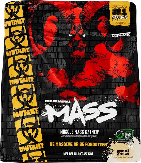 Zwarte zak met rode en gele grafische elementen. Een demonische ramkop is prominent aanwezig, met "Mutant" en "The Original MASS" logo's.