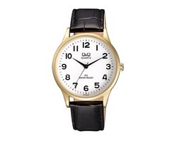 Q&Q C214J104Y - Horloge - Analoog - Heren - Mannen - Leren band - Rond - Staal - Cijfers - Zwart - Goudkleurig - Wit
