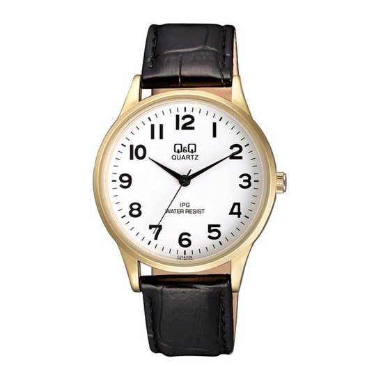 Gouden horloge met witte wijzerplaat, zwarte cijfers en een zwarte leren band.