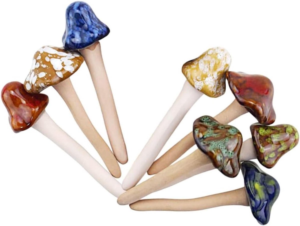 Paddestoel Beeldjes - Tuindecoratie Set - Tuin Versieren - Keramisch Materiaal - 8 Stuks - Diverse Kleuren