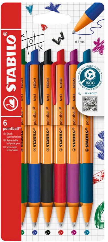 STABILO pointball pennen in een verpakking. De pennen hebben oranje hulzen en verschillende gekleurde handvatten.