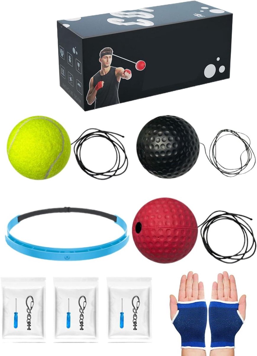 Boksbal met band - Reflex bal training - Vaardigheden verbeteren - Hand-oog coördinatie - Diverse ballen - Zwart