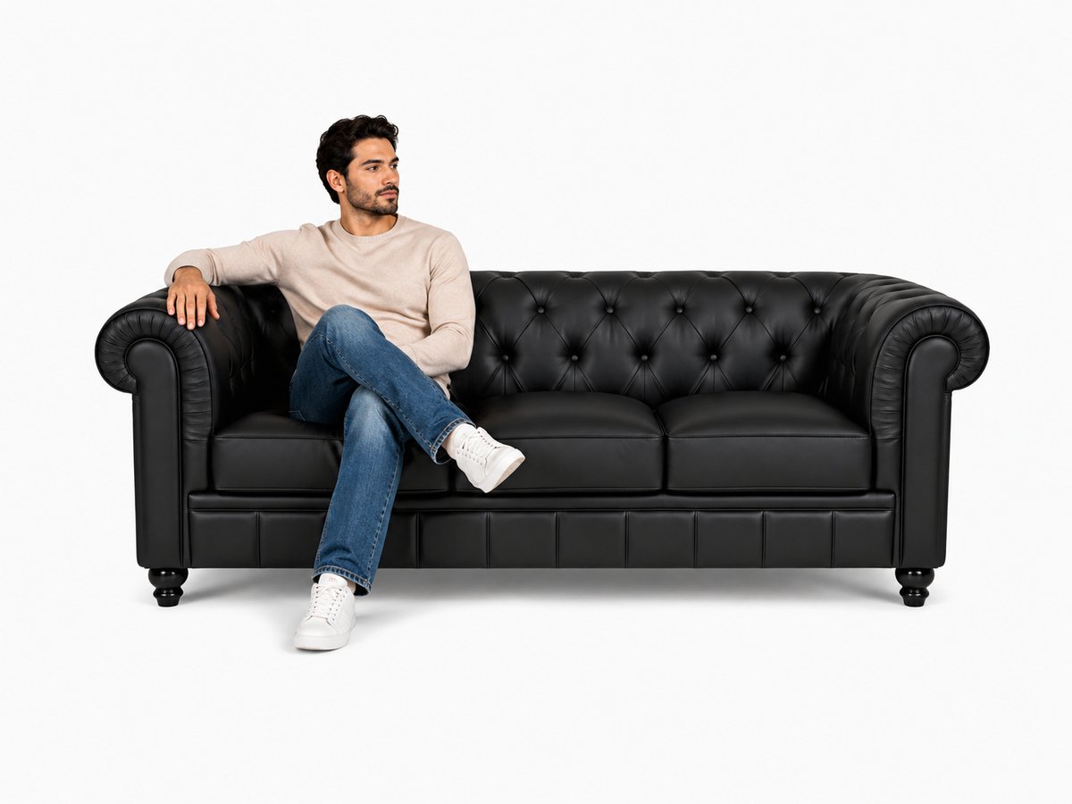 Bank Chesterfield - 3 Zits - Zwart leer - Sofa - Bankstel