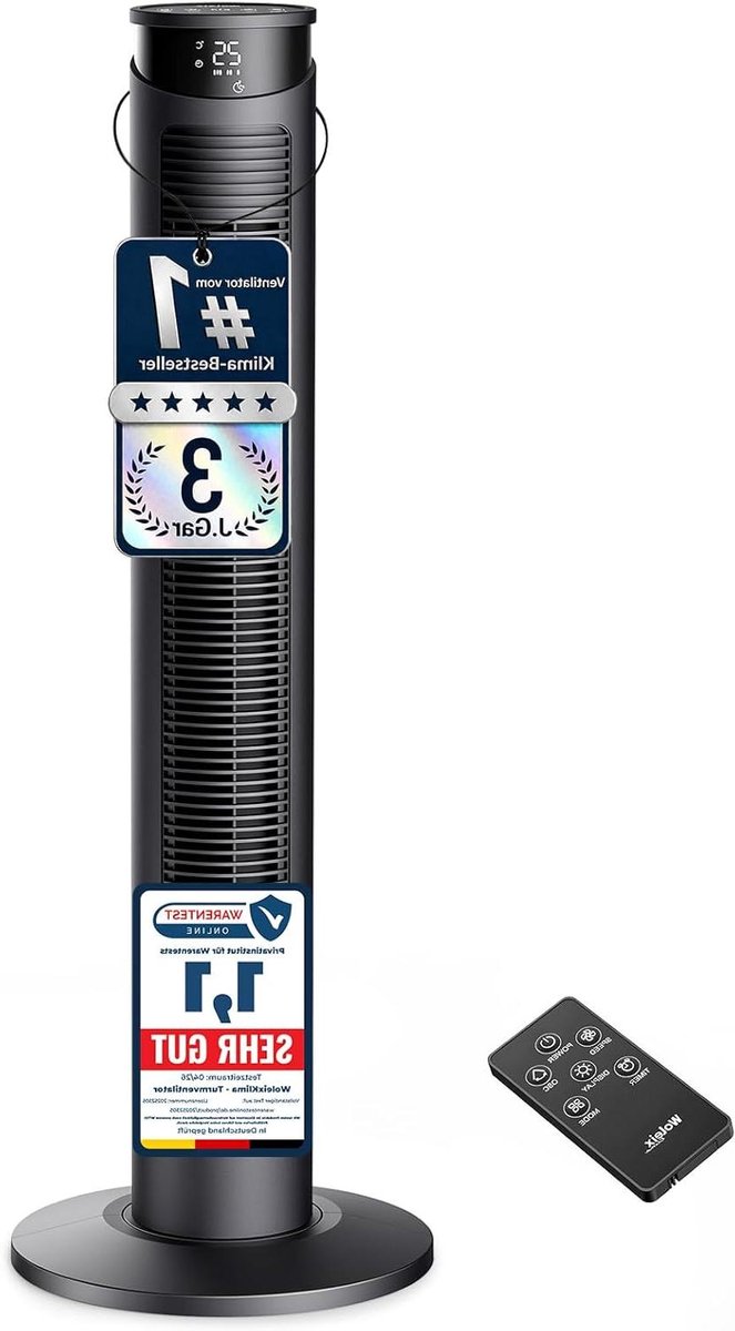 Stille Torenventilator - Ventilator met Afstandsbediening - Kamers Koelen - Dubbele Geluidsreductie - 93 cm Hoog - Zwart