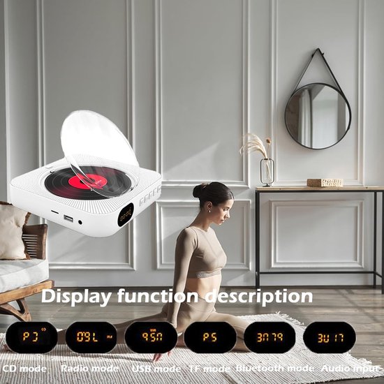 Draagbare CD-speler met Bluetooth, HiFi Luidspreker, Wandmontage, USB/AUX Muziekspeler, zwart — afbeelding 4